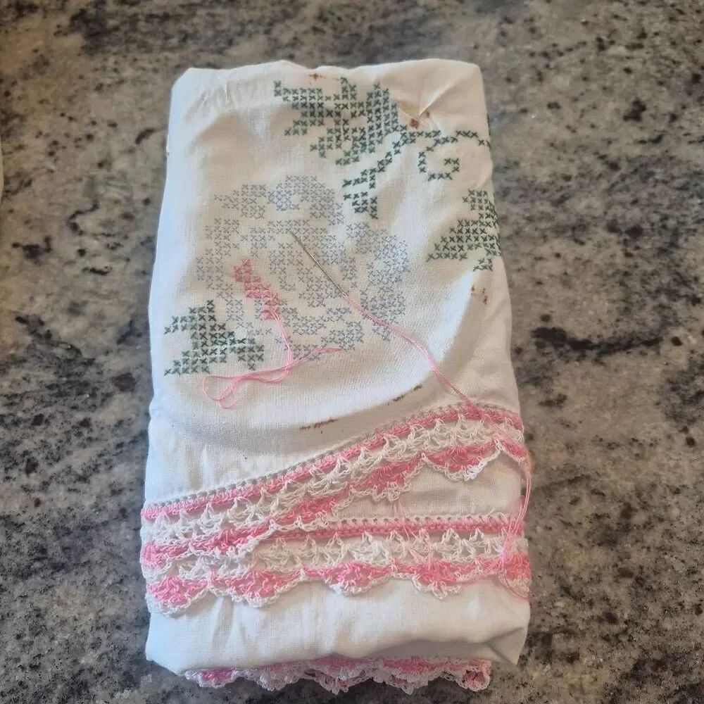 Pillowcases (2), White Cotton, Vintage Pink Variegated Crochet Cross Stitch Star
